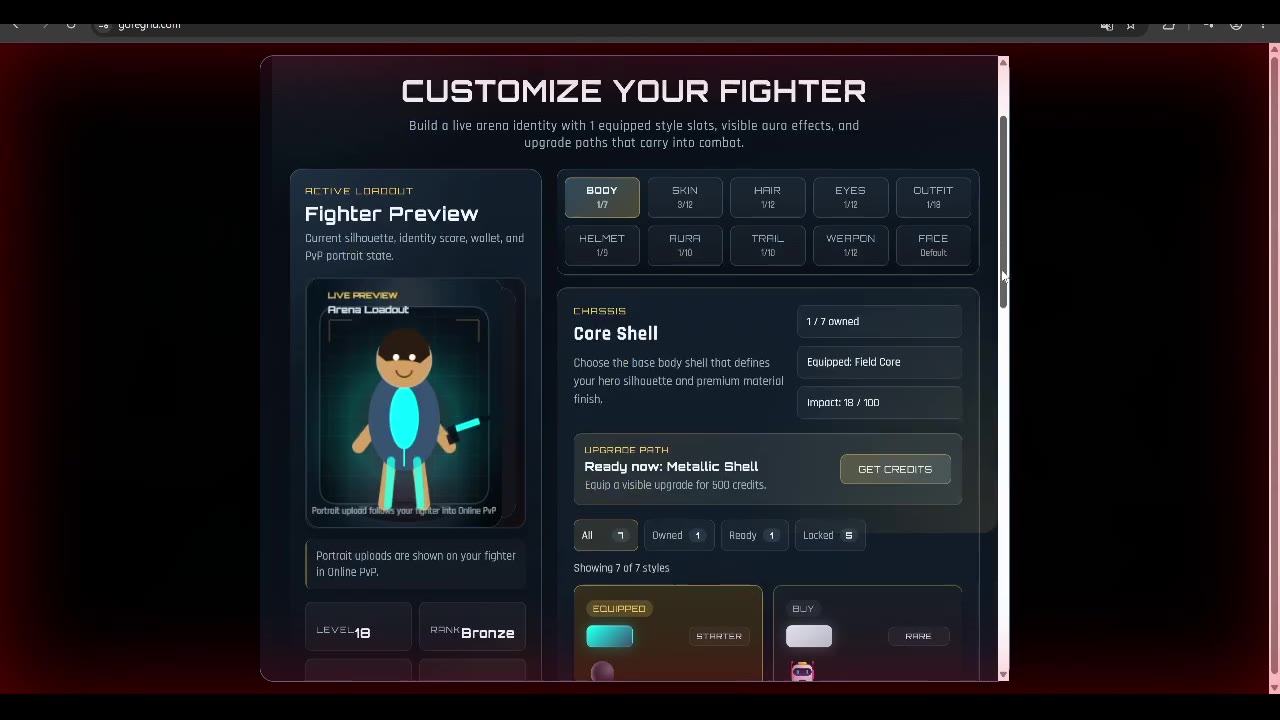 GoreGrid fighter customization screen